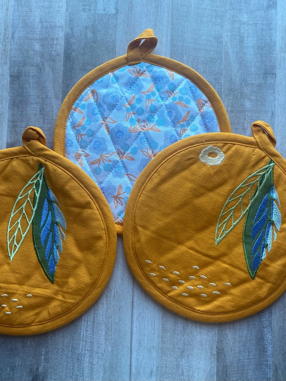 Set of 3 Quilted Pot Holders Mustard Yellow Embroidered Leaf Hot Pads